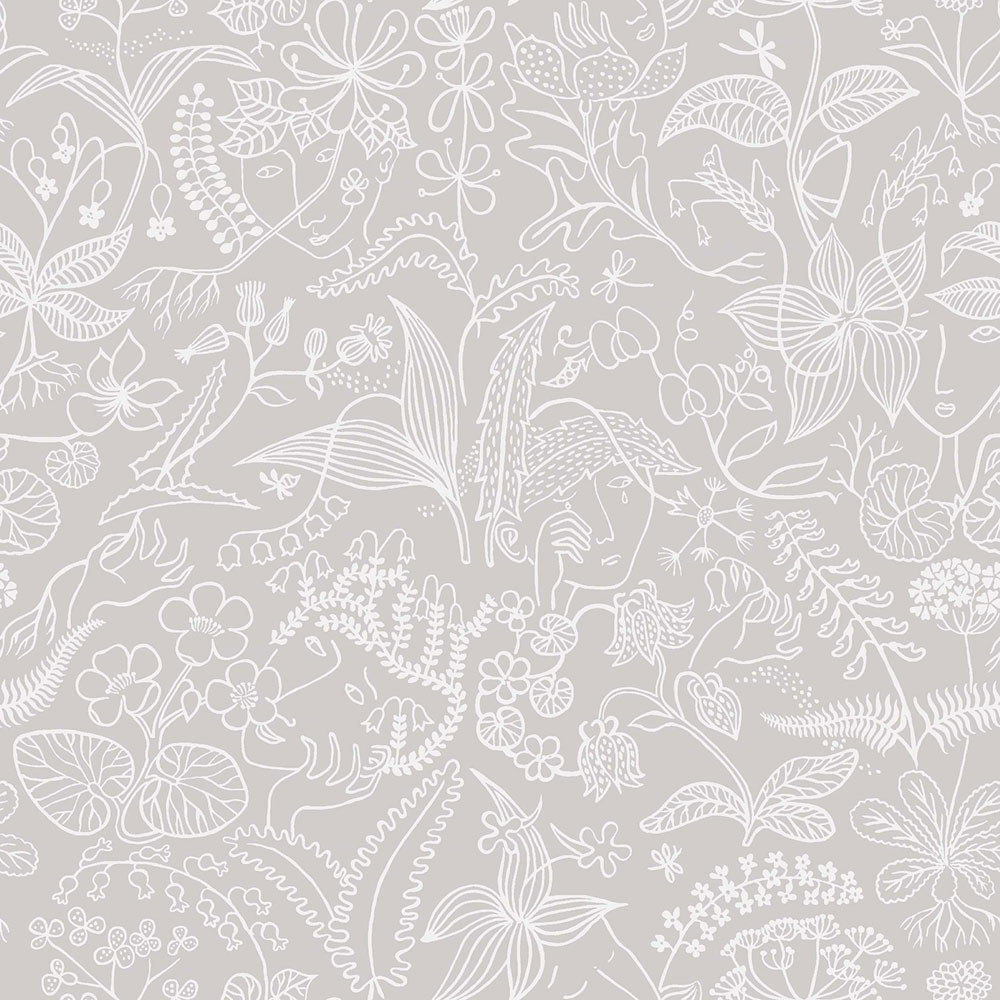 Grey wallpaper, flowers, leaves, faces, 1981, Icons, Borastapeter