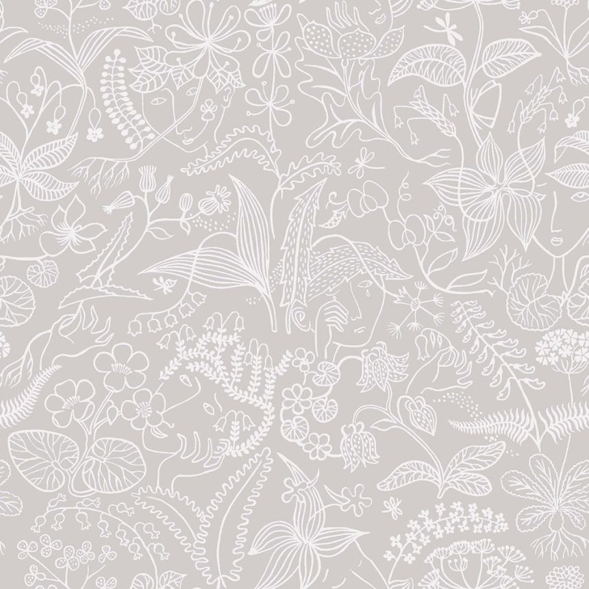 Grey wallpaper, flowers, leaves, faces, 1981, Icons, Borastapeter