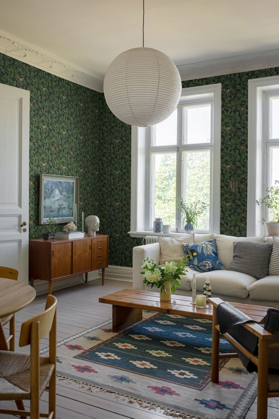 Green-blue wallpaper, branches, leaves, animals, 2050, Icons, Borastapeter