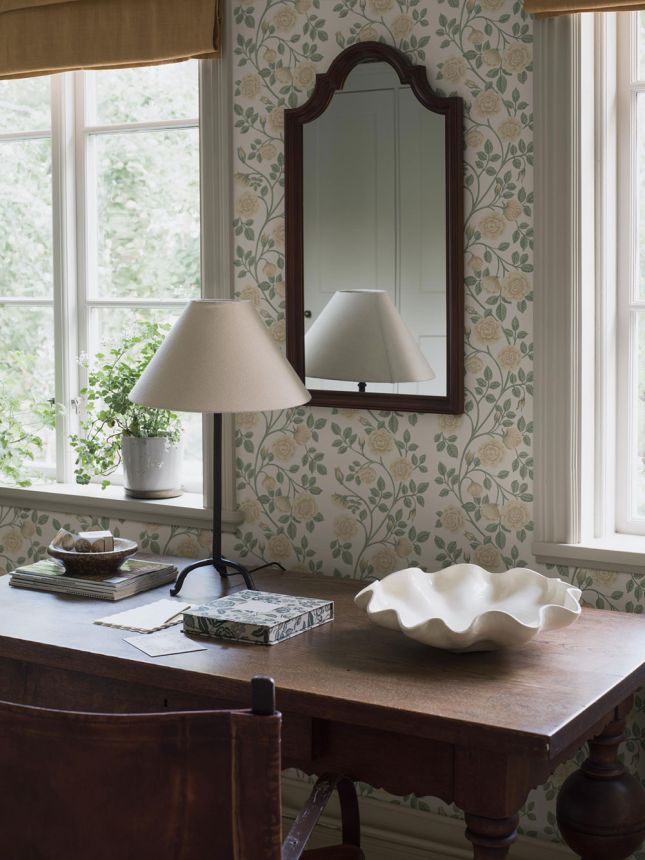 Wallpaper, green-beige, flowers, roses, 6957, Osterlen, Borastapeter