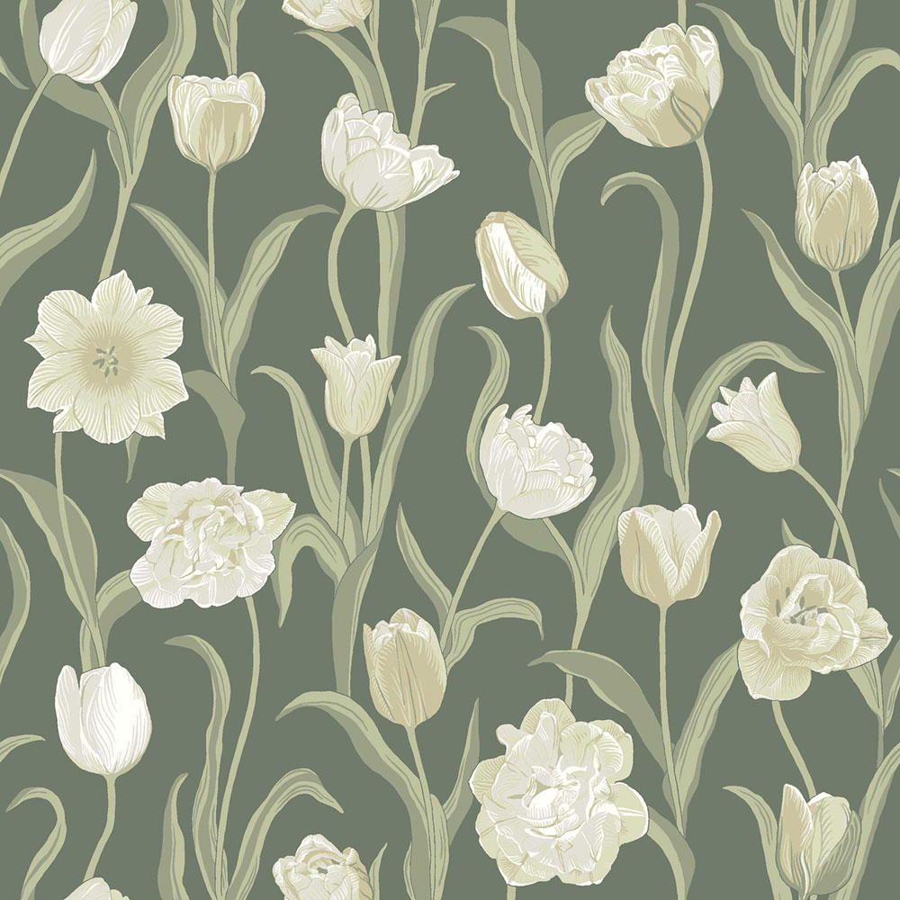 Wallpaper, green, flowers, tulips, 6971, Osterlen, Borastapeter