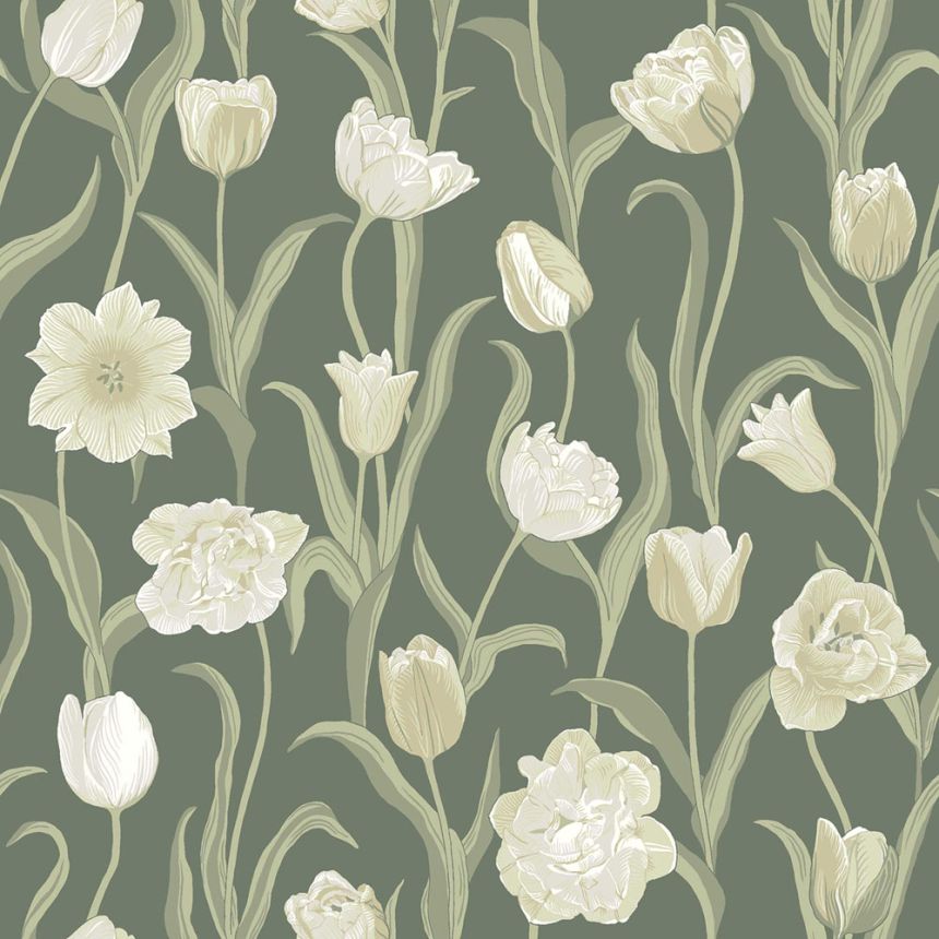 Wallpaper, green, flowers, tulips, 6971, Osterlen, Borastapeter