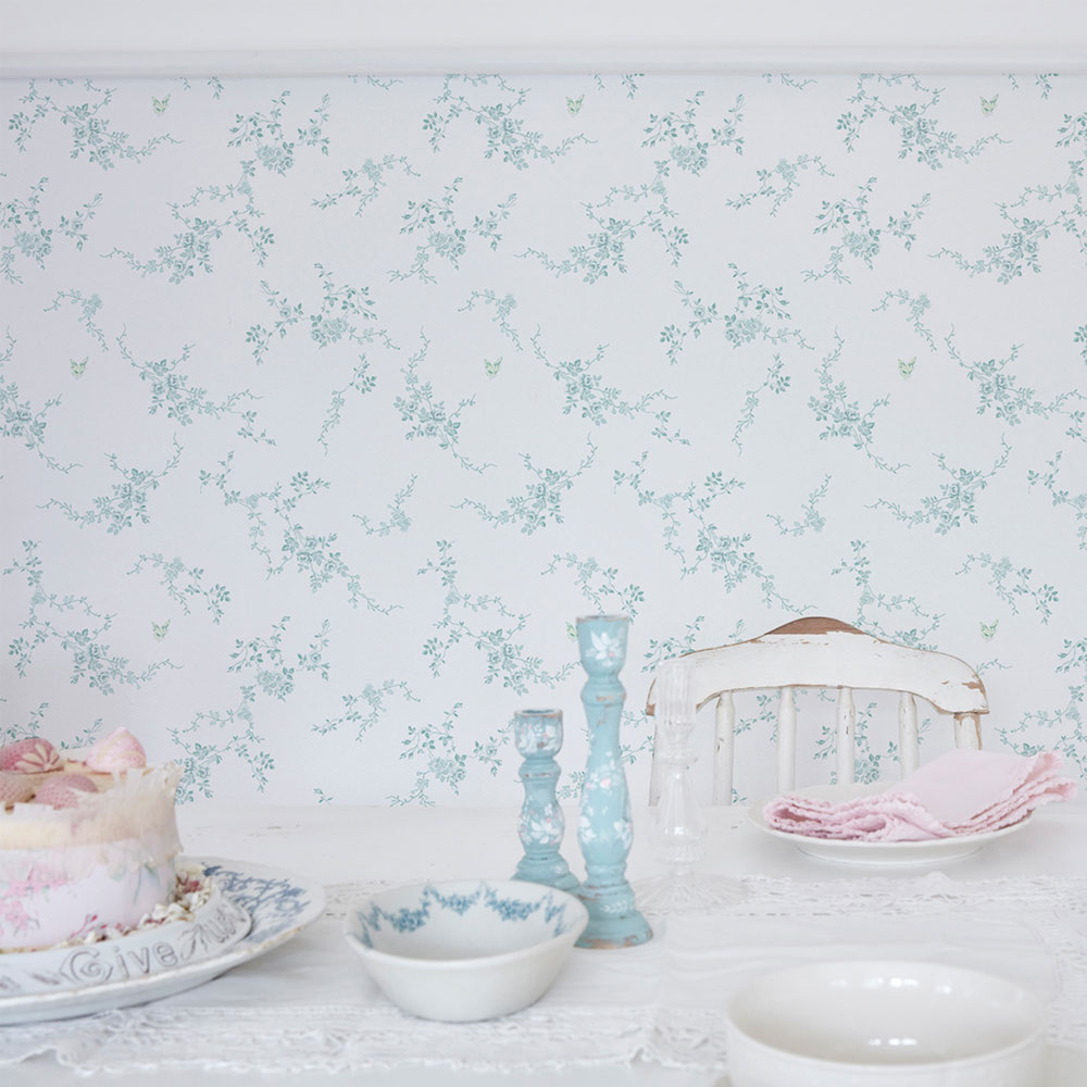 Wallpaper, blue-green, flowers, 125108, Shabby Chic by Rachel Ashwell