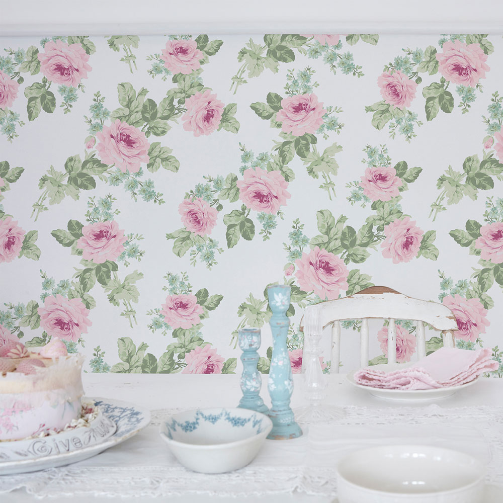 Wallpaper, pink-green, flowers, 125111, Shabby Chic by Rachel Ashwell