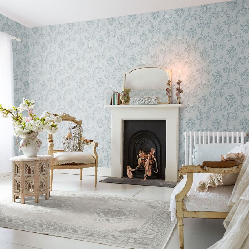 Wallpaper, blue, classic, ornaments, 125114, Shabby Chic by Rachel Ashwell