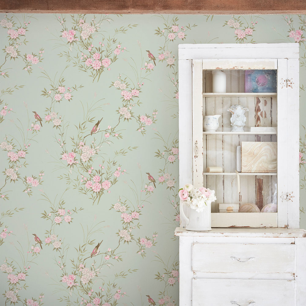 Wallpaper, green, flowers, birds, 125120, Shabby Chic by Rachel Ashwell