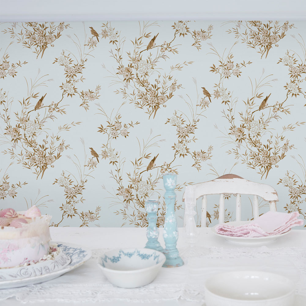 Wallpaper, blue, flowers, birds, 125121, Shabby Chic by Rachel Ashwell