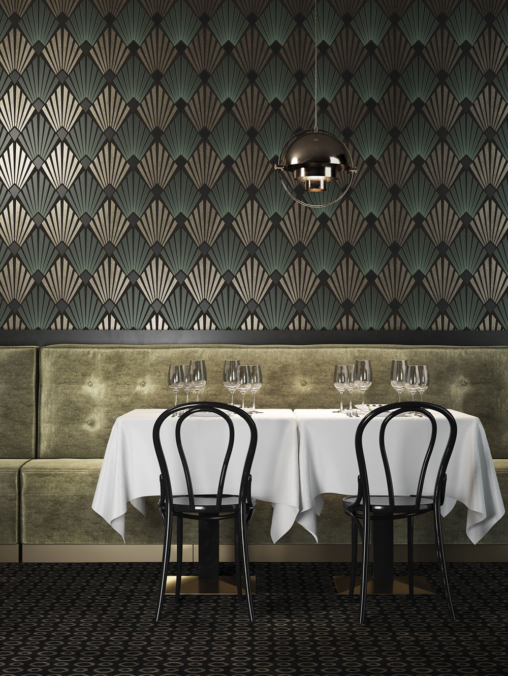 Wallpaper, black and green, graphic, Art Deco, GAT302, The Texture Book, Masureel