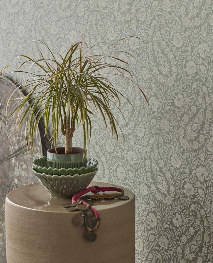 Wallpaper, grey-green, flowers, ornaments, 350655, Amber, Eijffinger