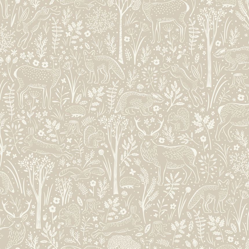 Wallpaper, grey-beige, forest animals, LD3403, Little Dreamers, Grandeco