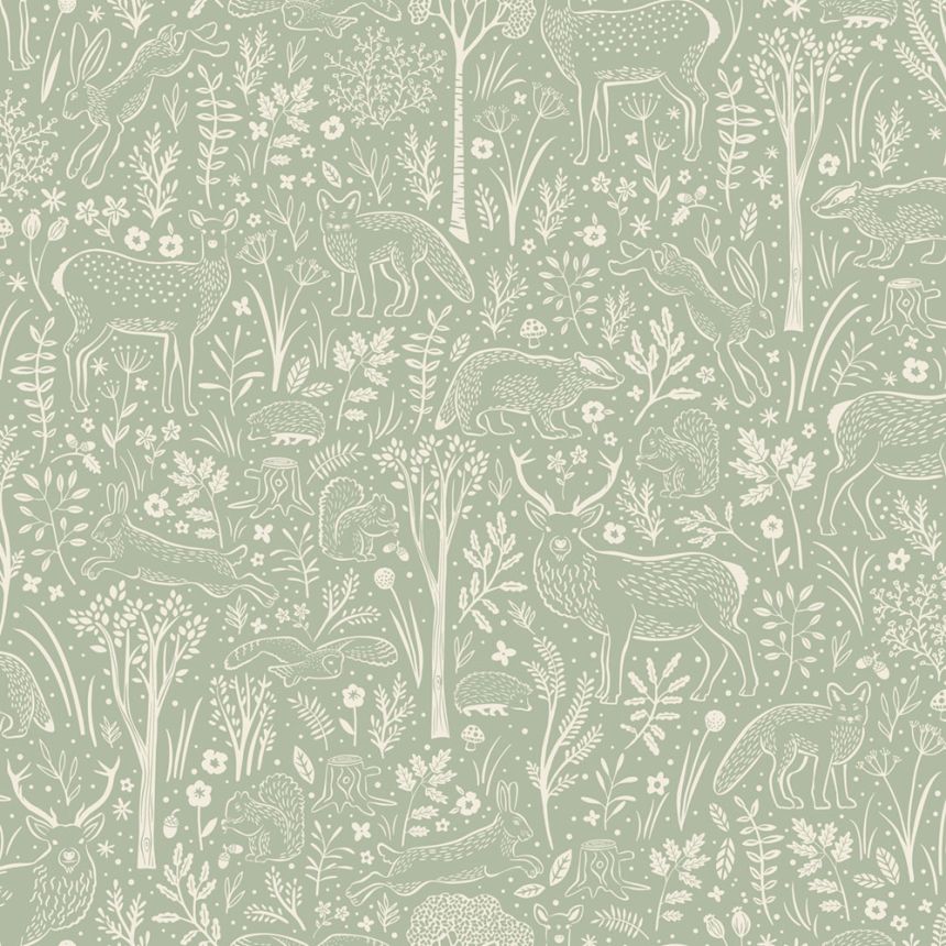 Wallpaper, green, forest animals, LD3413, Little Dreamers, Grandeco