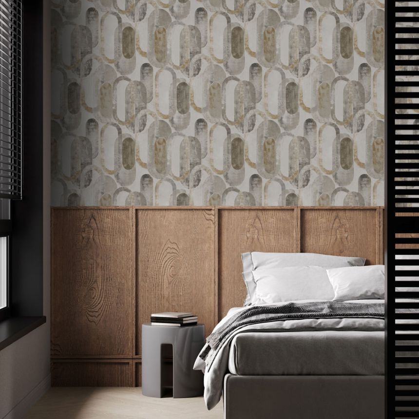 Graphic wallpaper, grey-gold, ovals, 121137, Vavex 2027