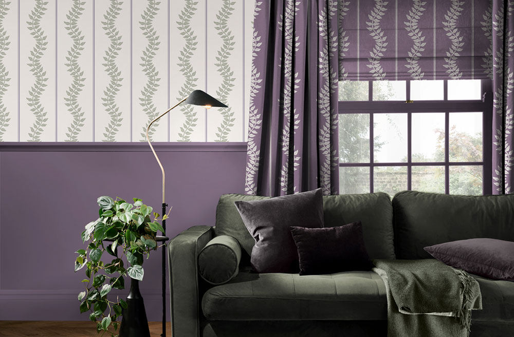 Wallpaper, purple-green, stripes, leaves, 130293, Concerto, Graham Brown Premium
