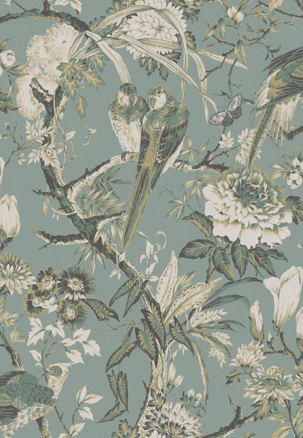 Wallpaper, turquoise-gold, birds, flowers, branches, 127910, Arboretum, Graham Brown Premium