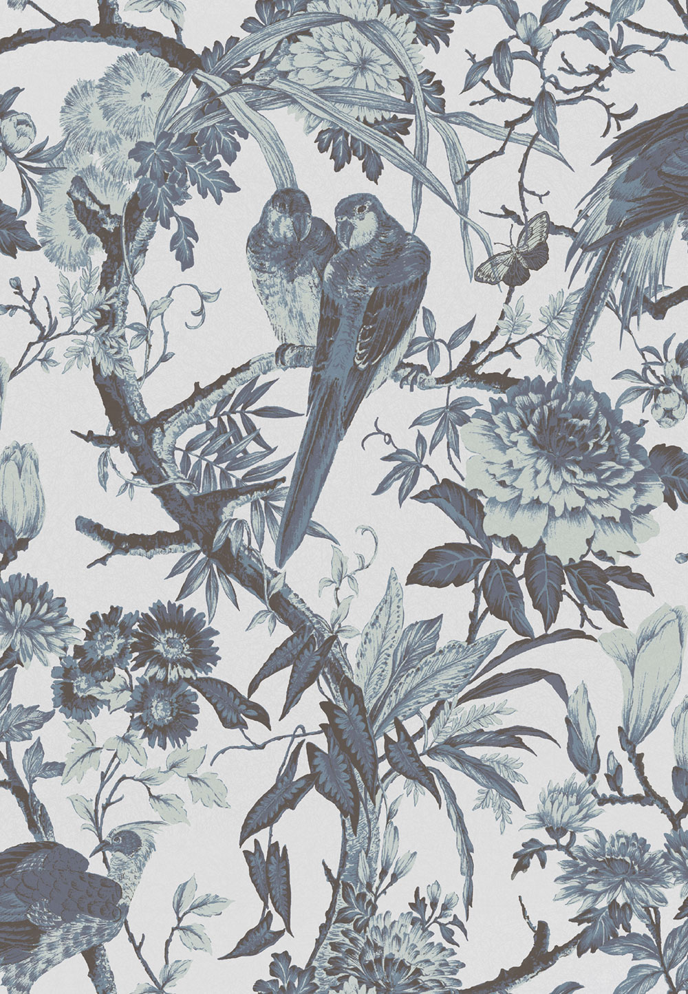 Wallpaper, blue-silver, birds, flowers, branches, 127909, Arboretum, Graham Brown Premium