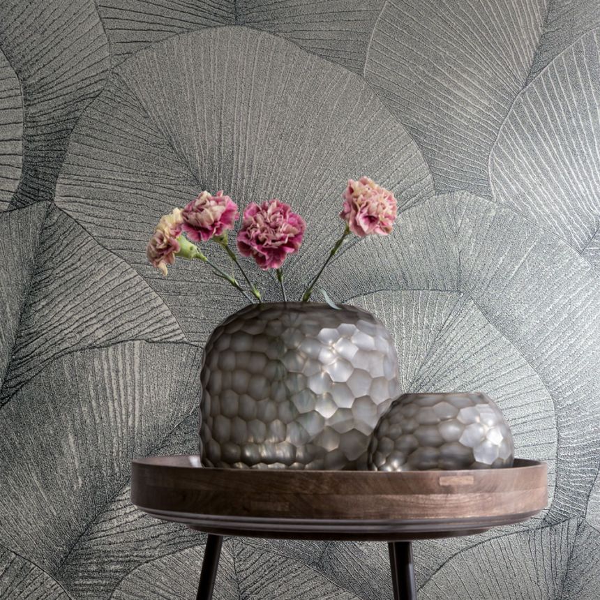 Wallpaper, grey-silver, leaves, 34514, Kumano, Marburg