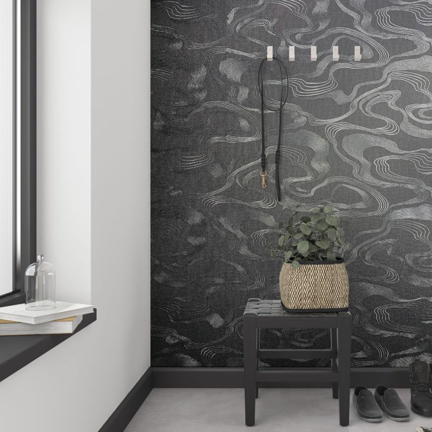 Wallpaper, black-silver, fabric texture, waves, 34537, Kumano, Marburg