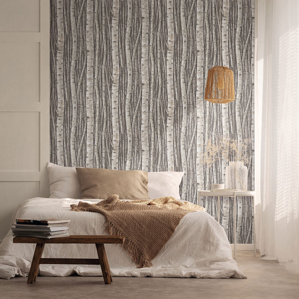 Wallpaper, grey-brown, trees, birch grove, 35394, Timber, Marburg