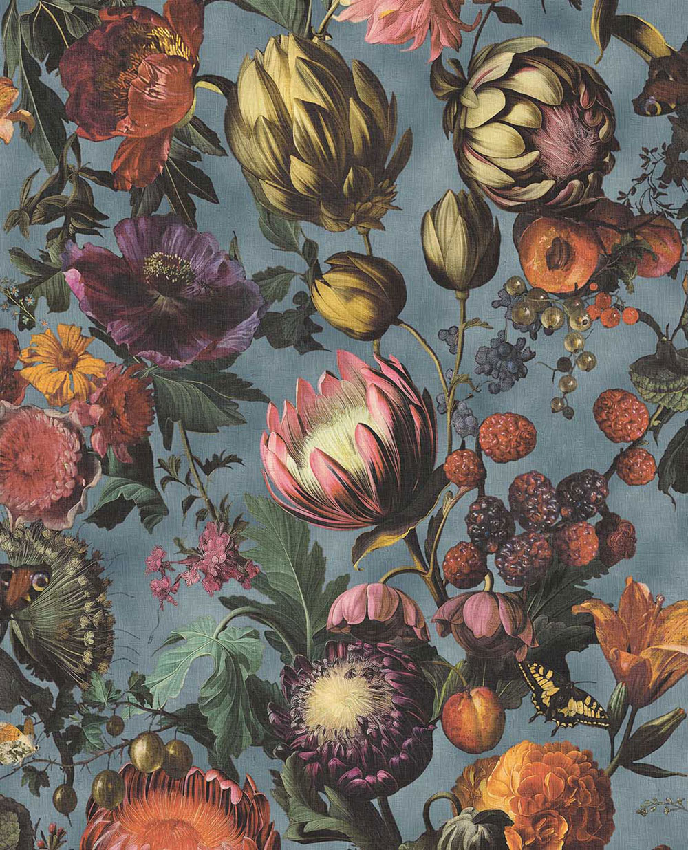 Wallpaper, Blue, Flowers, Fruits, Butterflies, 351232, Magnifique, Eijffinger