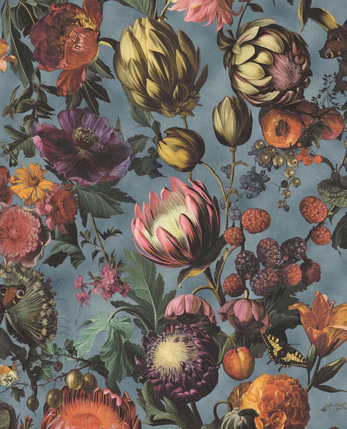 Wallpaper, Blue, Flowers, Fruits, Butterflies, 351232, Magnifique, Eijffinger