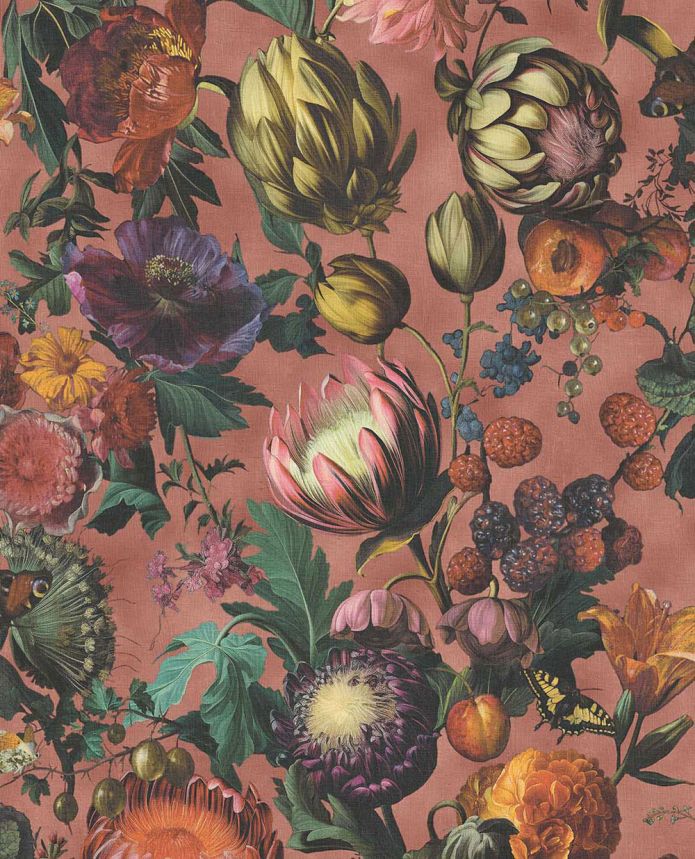 Wallpaper, Red, Flowers, Fruits, Butterflies, 351233, Magnifique, Eijffinger