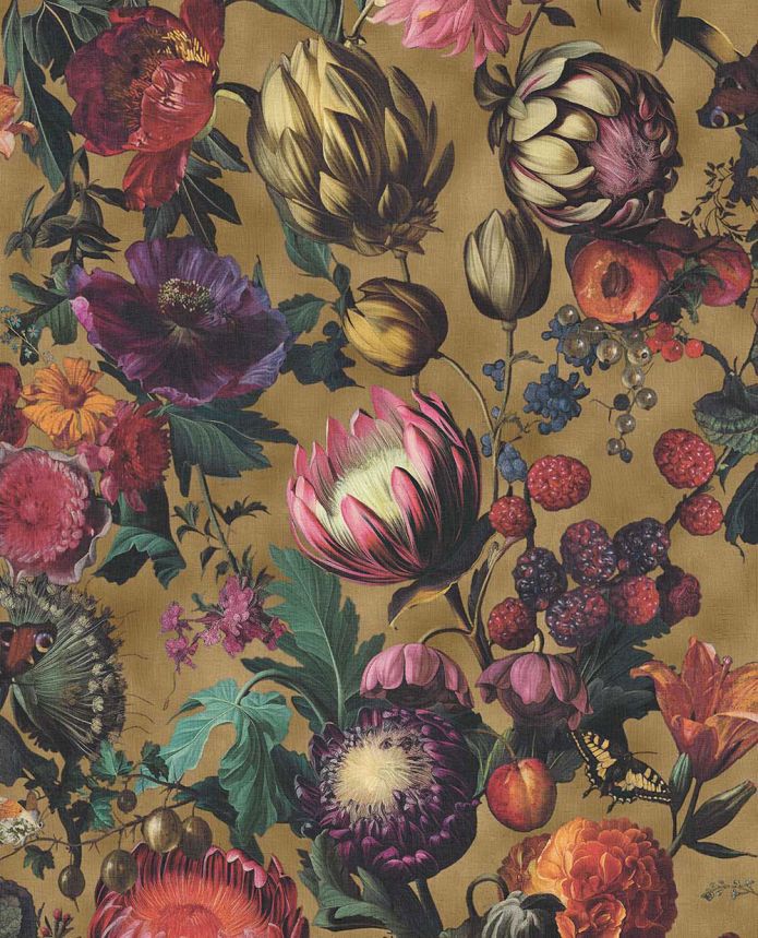 Wallpaper, Brown, Flowers, Fruits, Butterflies, 351234, Magnifique, Eijffinger