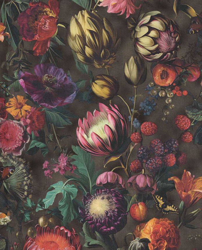 Wallpaper, Black, Flowers, Fruits, Butterflies, 351236, Magnifique, Eijffinger