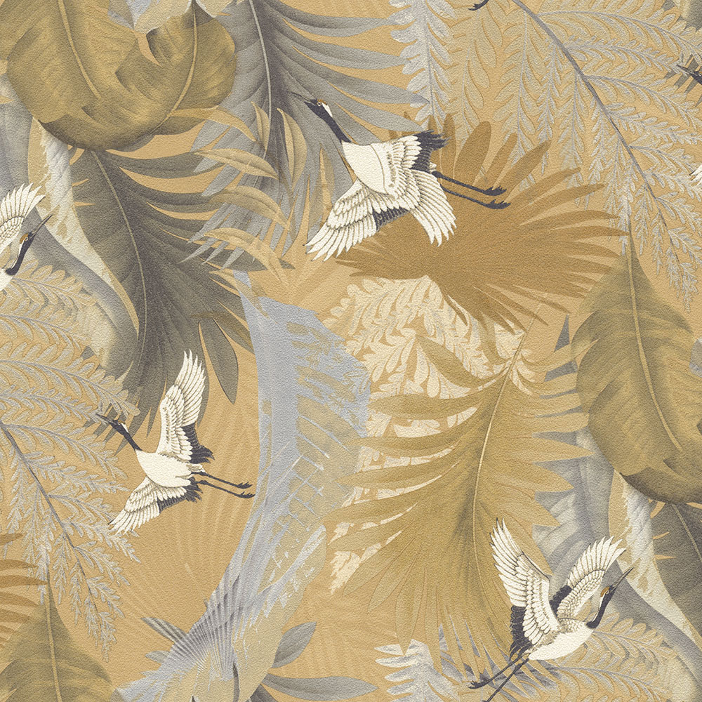 Wallpaper, gold, leaves, flying cranes, 73822, Tendenze, Emiliana Parati