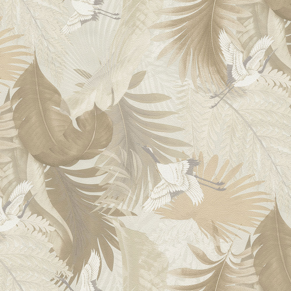 Wallpaper, cream, leaves, flying cranes, 73824, Tendenze, Emiliana Parati