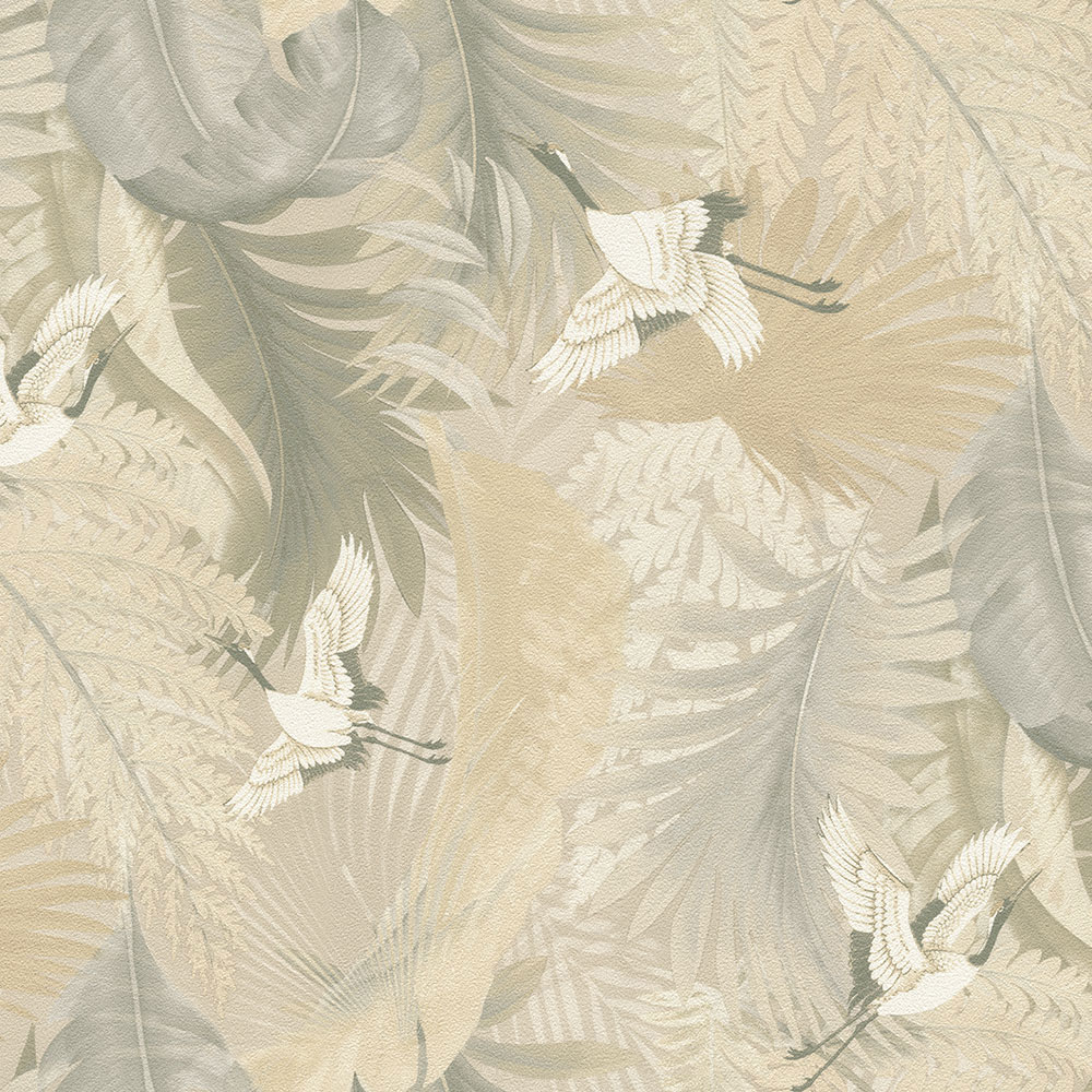 Wallpaper, beige, leaves, flying cranes, 73825, Tendenze, Emiliana Parati