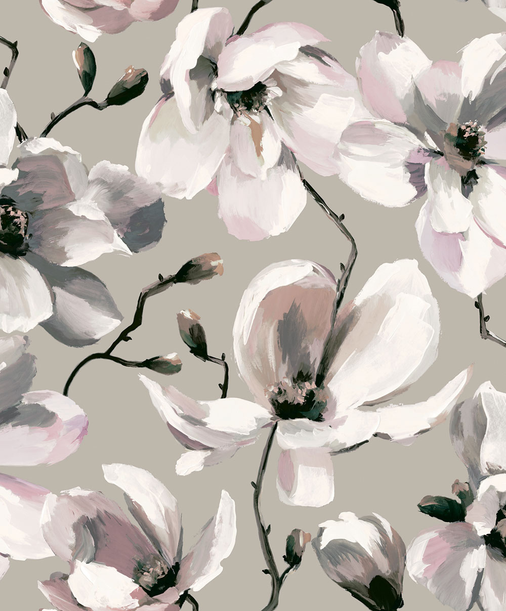 Non-woven wallpaper, gray, white, Magnolia Blossoms, 47466, Flora, Marburg
