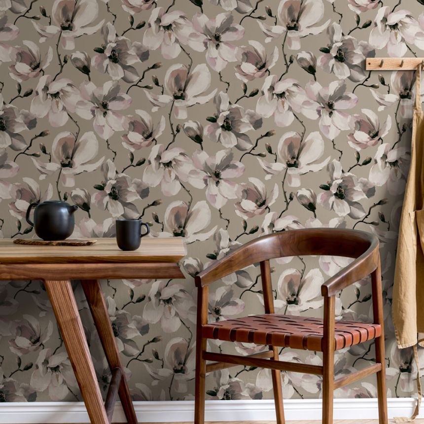 Non-woven wallpaper, gray, white, Magnolia Blossoms, 47466, Flora, Marburg