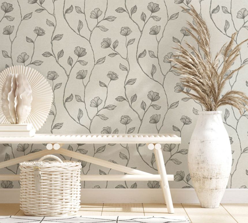 Non-woven wallpaper, beige, cream, Leaves, Flowers, 34804, Up to Date, Marburg