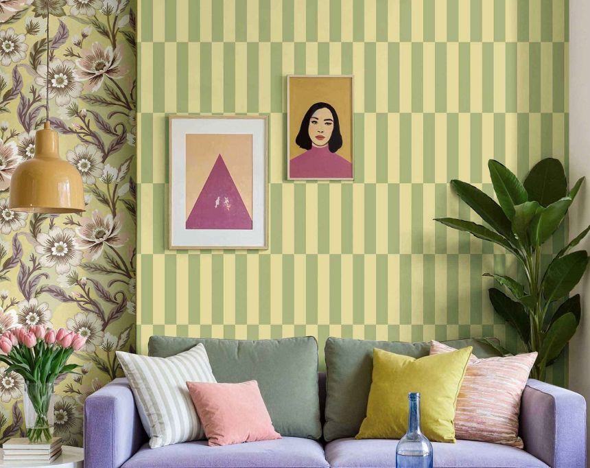 Geometric wallpaper, ochre-green, stripes, 2055, Rio, Parato by Cristiana Masi