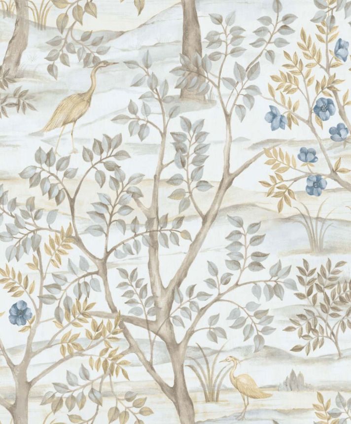 Wallpaper, blue, trees, birds, 8316, Blooming Garden 2, Parato by Cristiana Masi