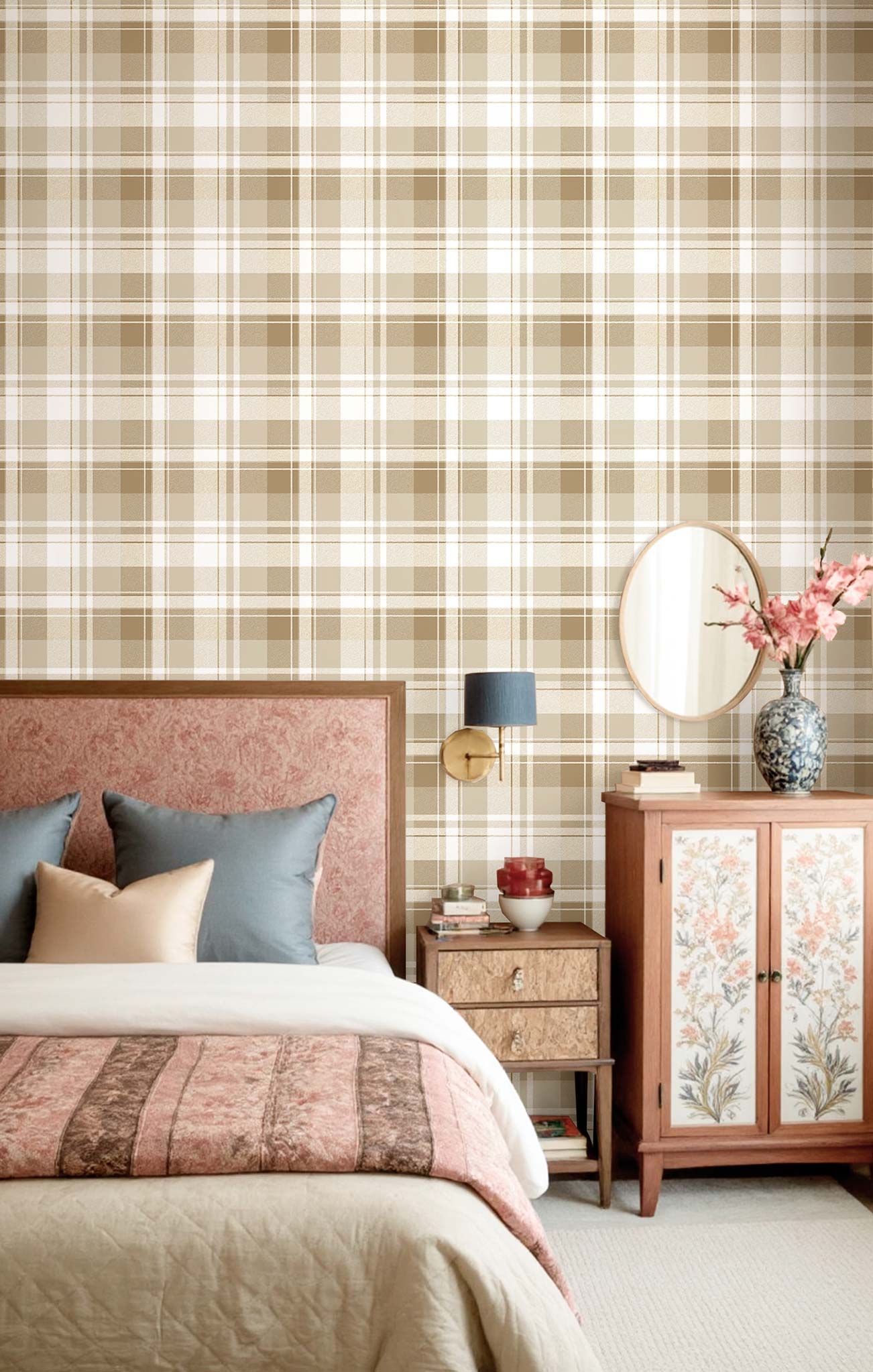 Wallpaper, beige, tartan fabric imitation, 8386, Blooming Garden 2, Parato by Cristiana Masi