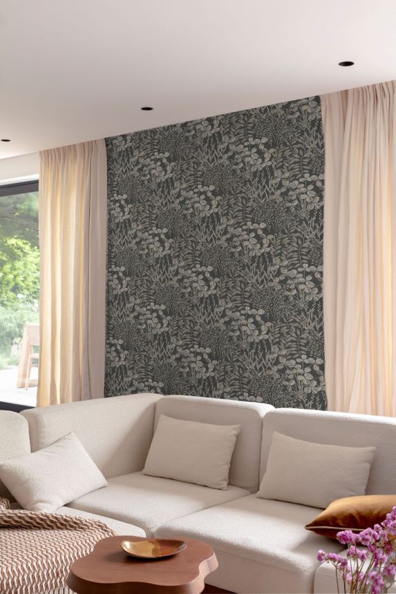 Wallpaper, black, leaves and grass, A78903, Inia, Grandeco