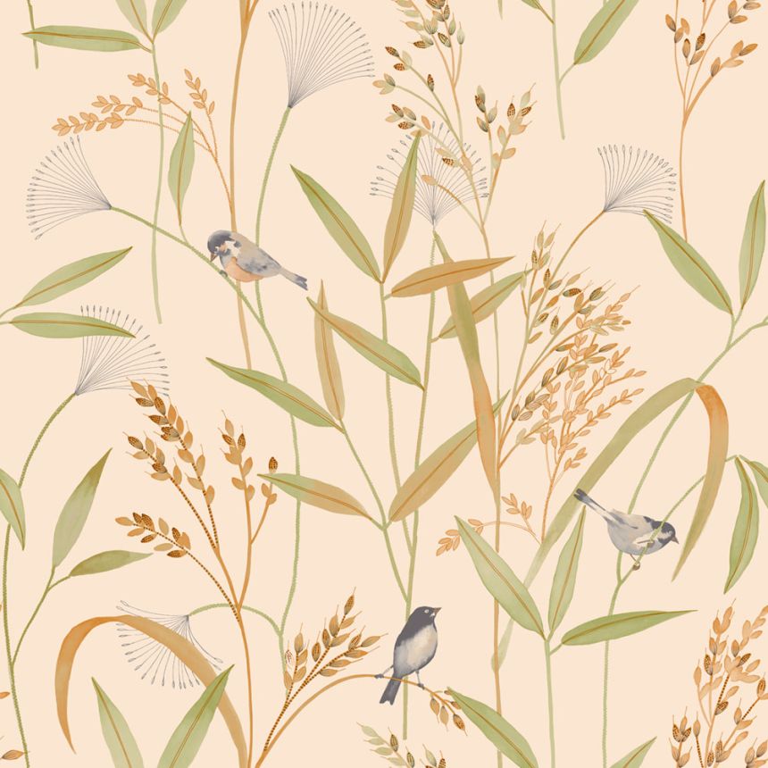Wallpaper, beige-green, meadow grass, birds, A83501, Inia, Grandeco