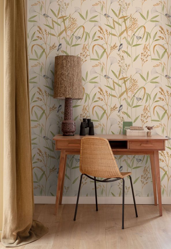 Wallpaper, beige-green, meadow grass, birds, A83501, Inia, Grandeco