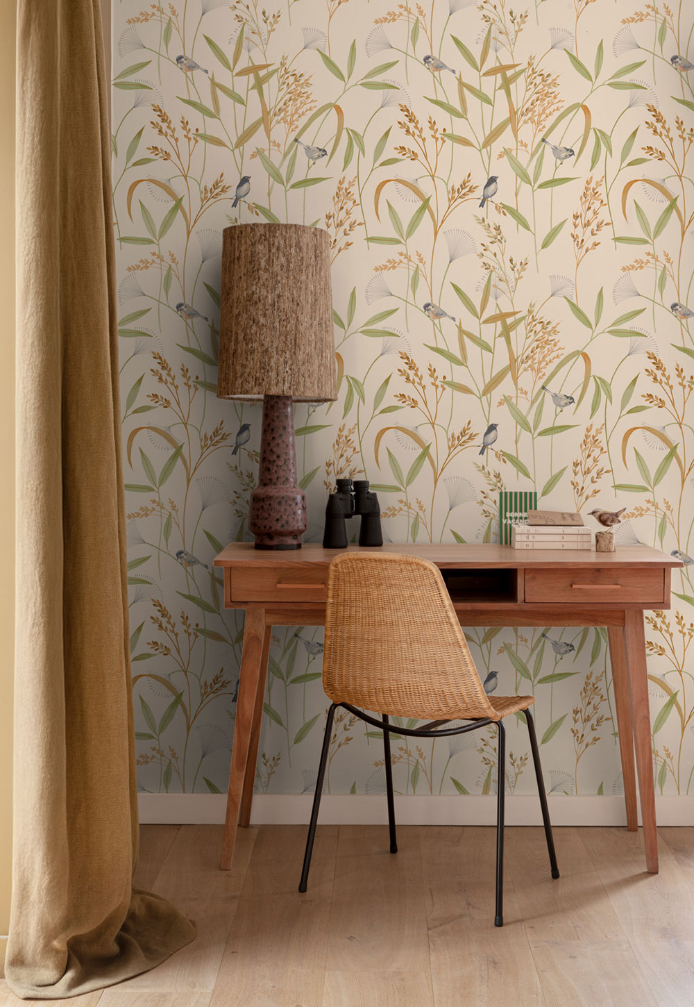 Wallpaper, beige-green, meadow grass, birds, A83501, Inia, Grandeco