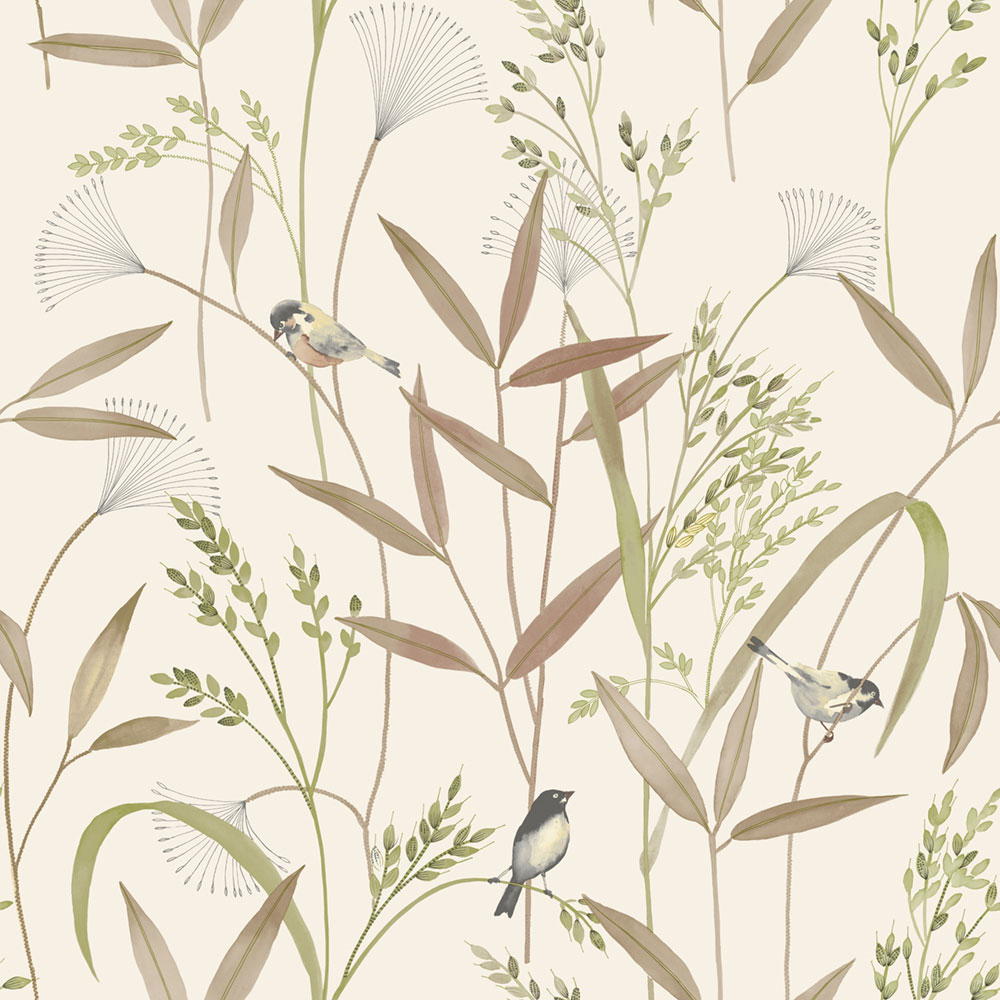 Wallpaper, brown-green, meadow grass, birds, A83502, Inia, Grandeco