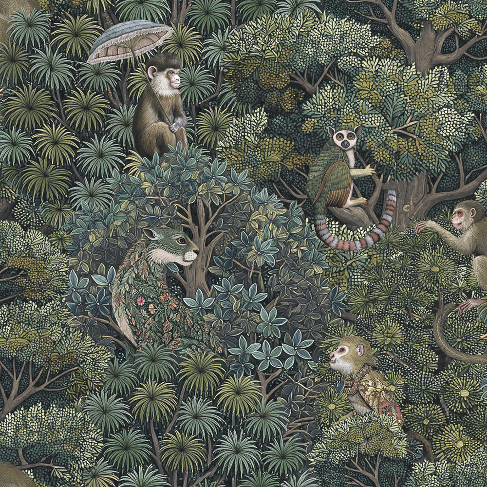 Wallpaper, brown-green, leaves, monkeys, 142311, Jaipur, Graham Brown Premium