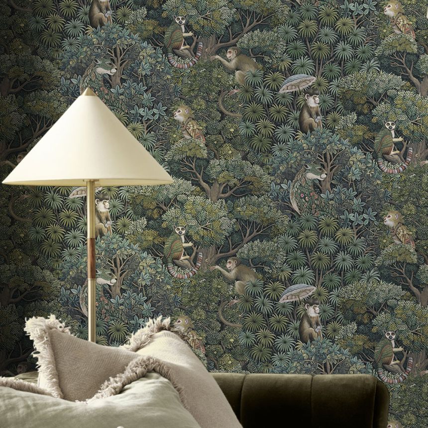 Wallpaper, brown-green, leaves, monkeys, 142311, Jaipur, Graham Brown Premium