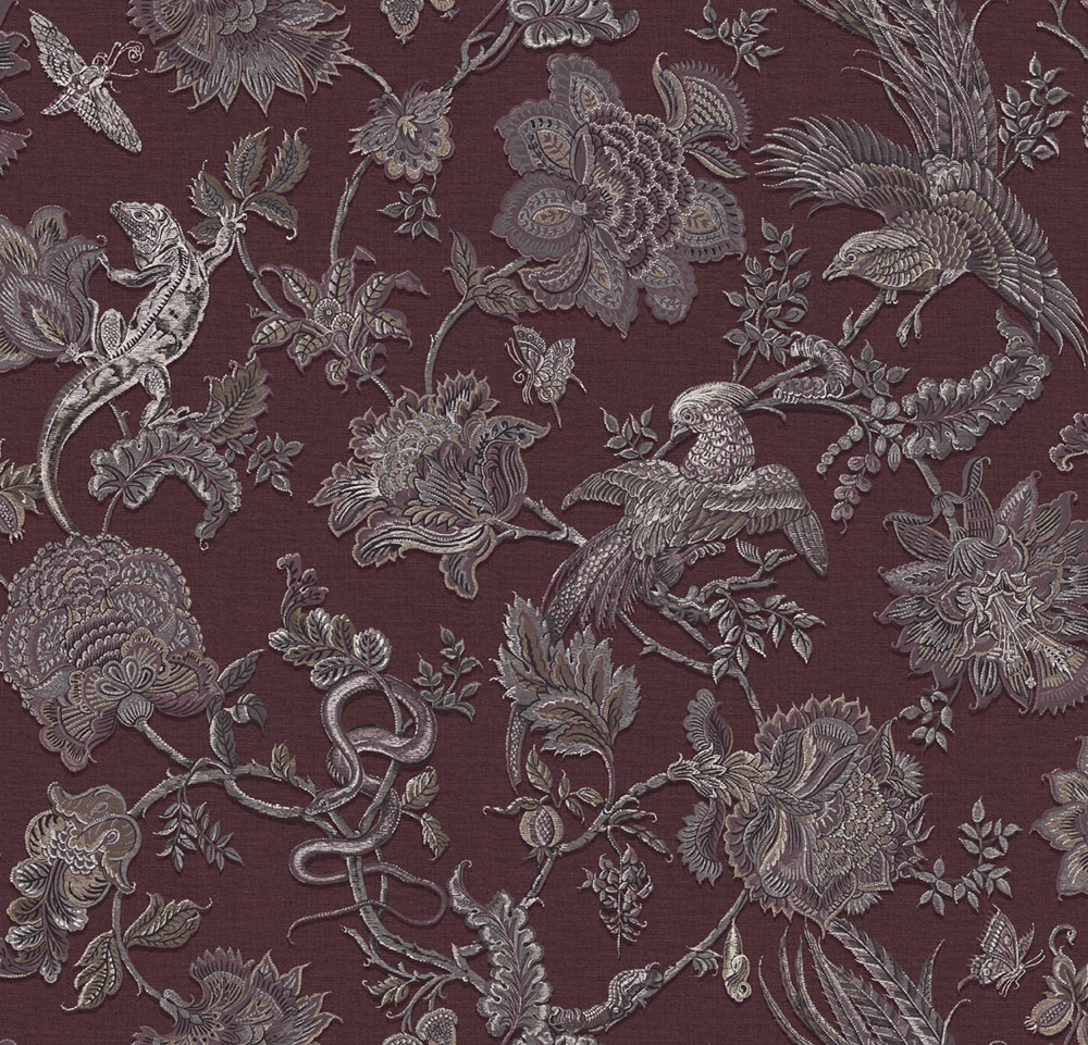 Wallpaper, burgundy, flowers, animals, 143237, Jaipur, Graham Brown Premium