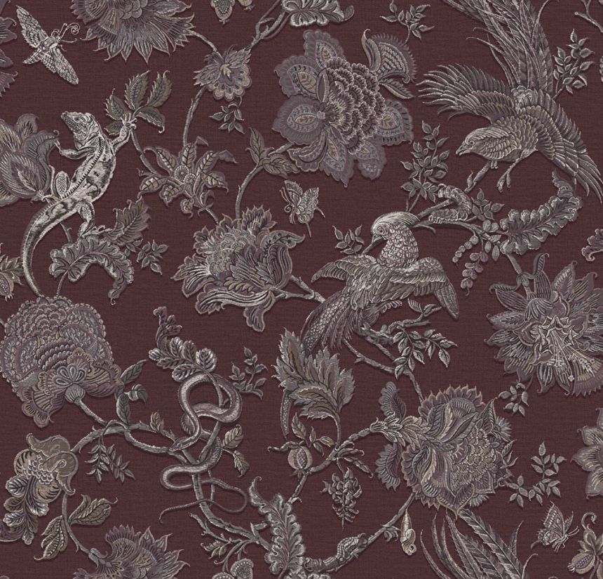 Wallpaper, burgundy, flowers, animals, 143237, Jaipur, Graham Brown Premium