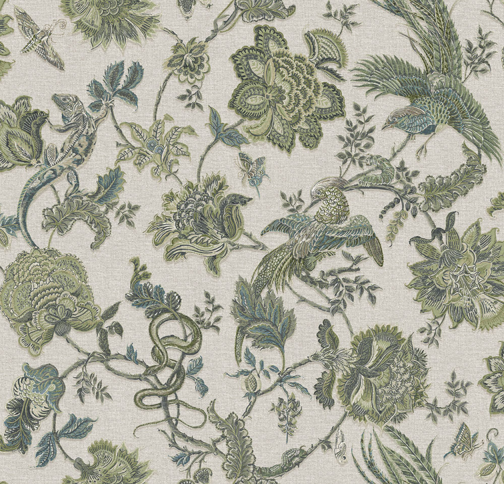 Wallpaper, beige-green, flowers, animals, 143239, Jaipur, Graham Brown Premium
