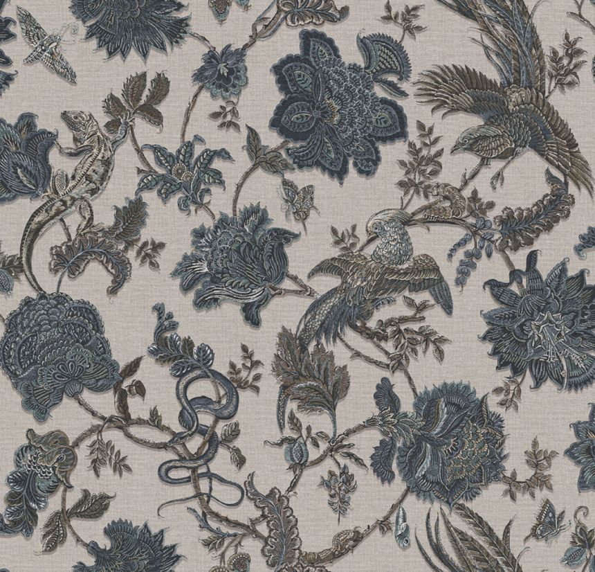 Wallpaper, brown-blue, flowers, animals, 143240, Jaipur, Graham Brown Premium
