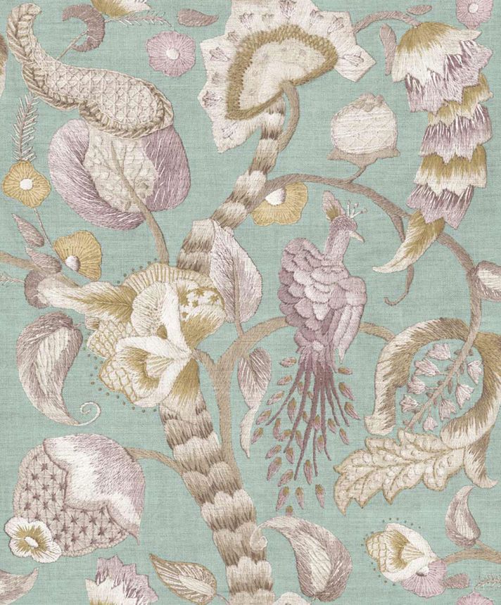 Wallpaper, grey, green, flowering branches, birds, 5800, Jaipur, Parato by Cristiana Masi