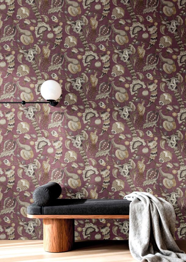 Wallpaper, green, purple, flowering branches, birds, 5808, Jaipur, Parato by Cristiana Masi