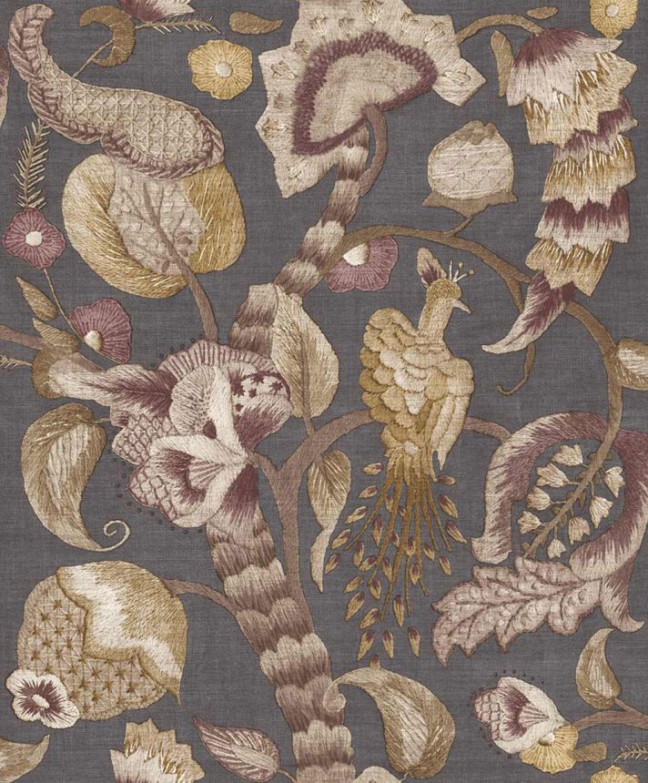 Wallpaper, grey, brown, flowering branches, birds, 5809, Jaipur, Parato by Cristiana Masi